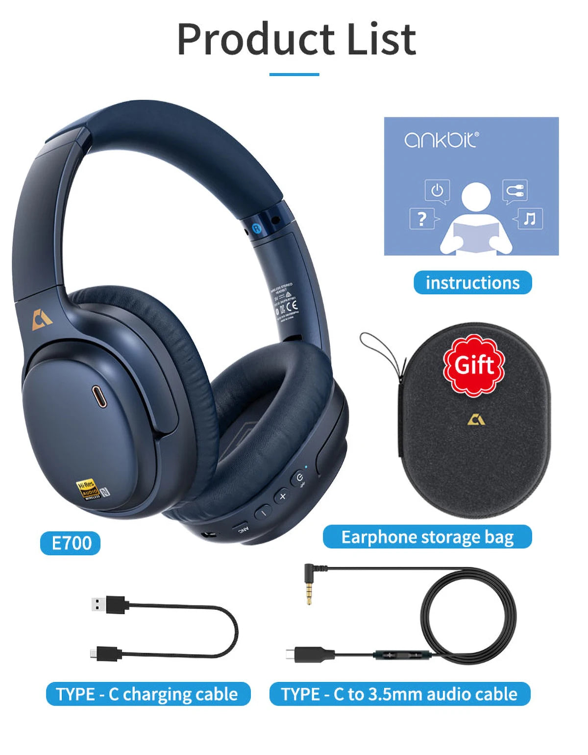 1Mii E700 Wireless Bluetooth Headphones with LDAC Hi-Res Audio, Active Noise Cancelling Bluetooth Headphones, HiFi Stereo Wireless Gaming Headset, 65-Hour Battery Life