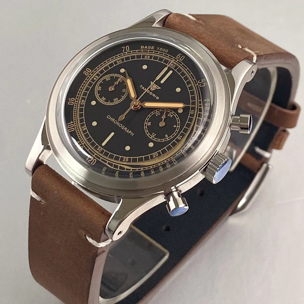 38mm Tandorio Retro Men's Watch Sport Watches Miyota OS20 Movement Chronograph Quartz Clock Black Dial Bubble Arched Glass