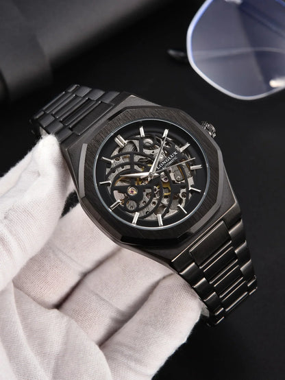 LONGLUX automatic watch business mechanical watches simple skeleton waterproof stainless steel cost effective mens watch gift