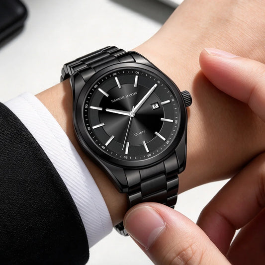 Kvarcové hodinky HANNAH MARTIN, 40 mm, pánské, černý náramek z nerezové oceli, vodotěsné do 3 barů, sportovní-elegantní styl