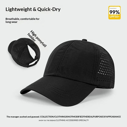 1 unidad de gorras de béisbol con lengüeta de secado rápido para mujer, protección de verano, malla transpirable, gorra transpirable, elegante y ajustable, ideal para llevar la coleta.