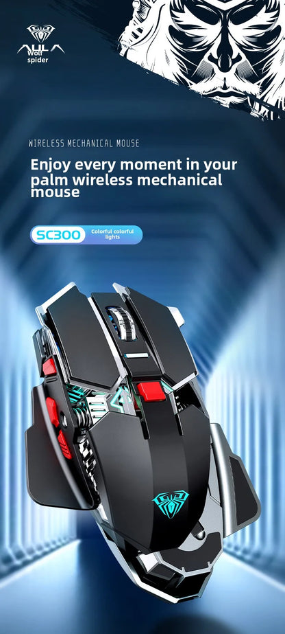 SC300 Wireless Mechanical Gaming Mouse, Rechargeable RGB Gaming Mouse with Adjustable DPI, Silent Ergonomic Wireless Mouse for PC, Laptop & Tablet