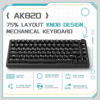 AJAZZ AK820 Wired Mechanical Keyboard Full-Key Hot-Swap Keyboard with Removable USB Port, White & Ice Blue Backlit Gaming Keyboard for PC