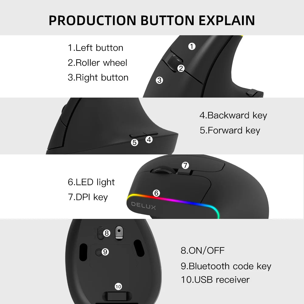 Delux Ergonomic Vertical Mouse Rechargeable Wireless Bluetooth RGB Mouse, 4000 DPI Silent Ergonomic Vertical Mouse for Laptop, PC & Gaming