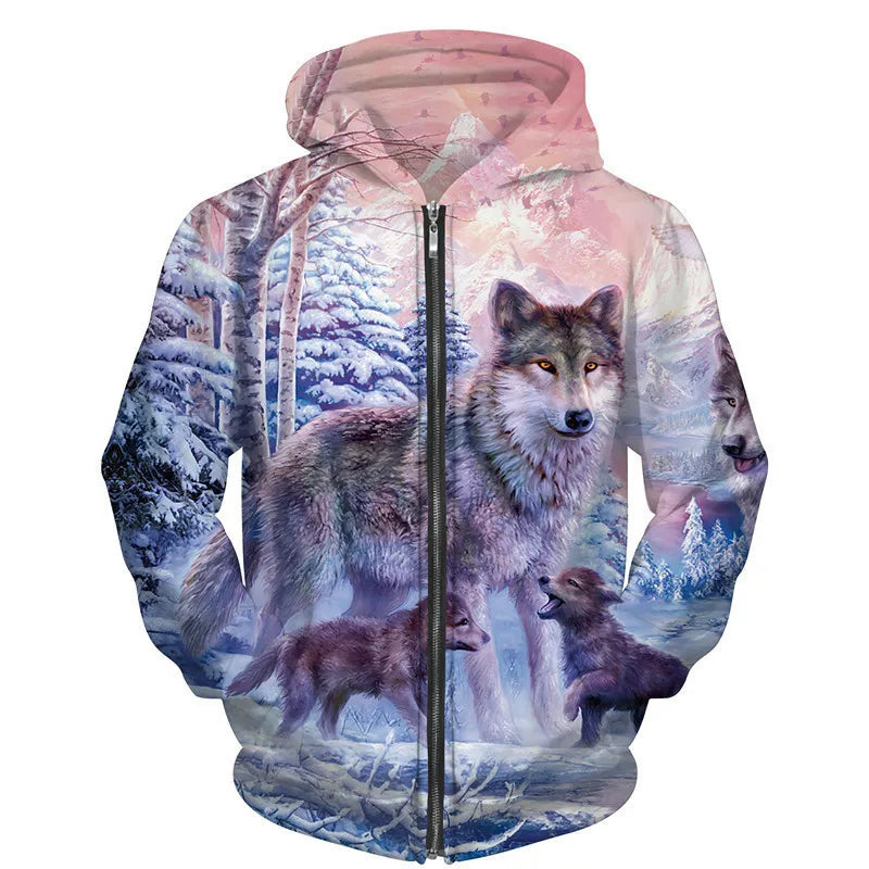 Sweat à capuz com fecho e estampado 3D de lobo, estilo streetwear, para homem/mulher, casaco com capuz unissexo casual hip-hop