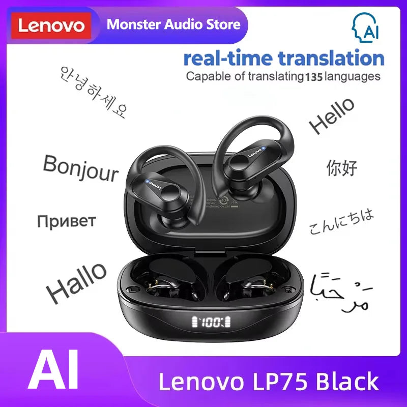 Lenovo LP75 TWS Bluetooth 5.3 Wireless Earphones – LED Display, Noise Reduction, Waterproof True Wireless Earbuds with Microphone & Deep Bass Sound