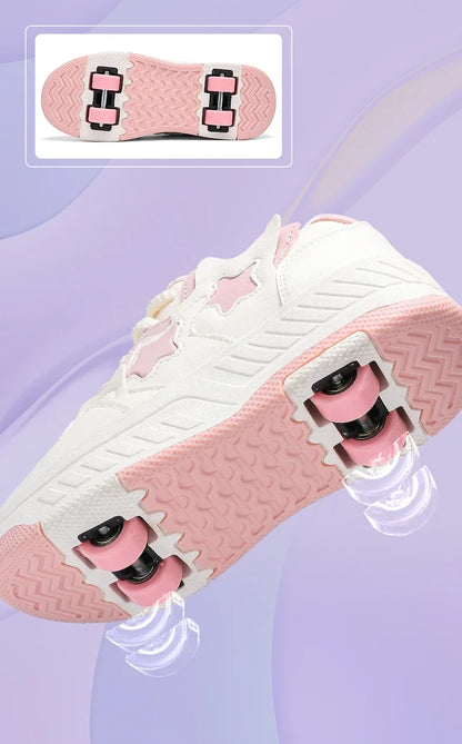 Chaussures de roller pour enfants - Roues rechargeables, couleurs tendance, finition brillante, pour les anniversaires, pour garçons et filles, chaussures décontractées deux-en-un