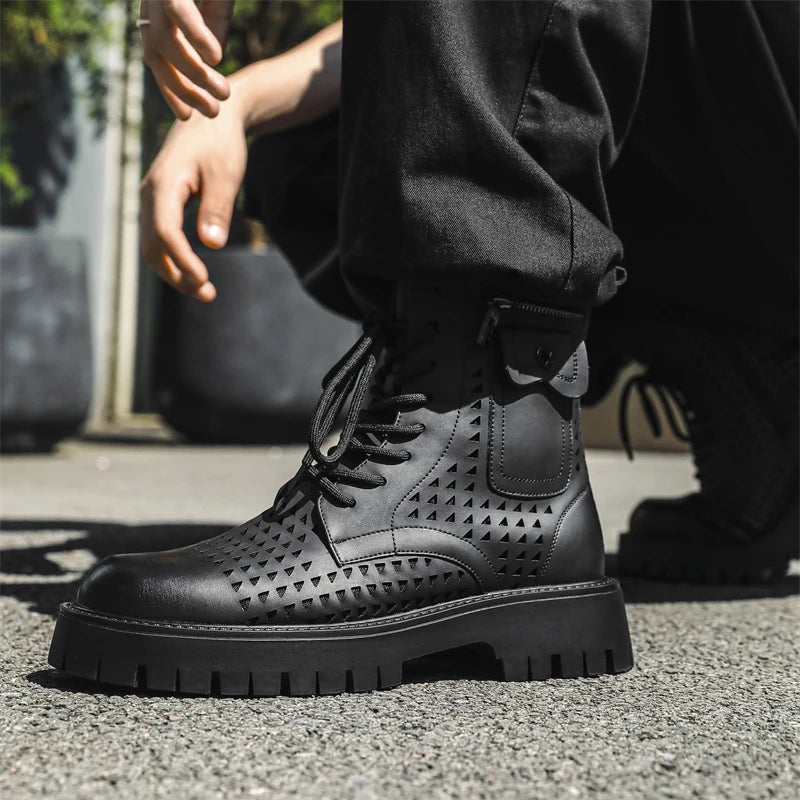 Non-Slip Men's High Top Casual Leather Shoes Street Style Motorcycle Boots New Stylish Ankle Boots Thick Bottom Walking Footwear