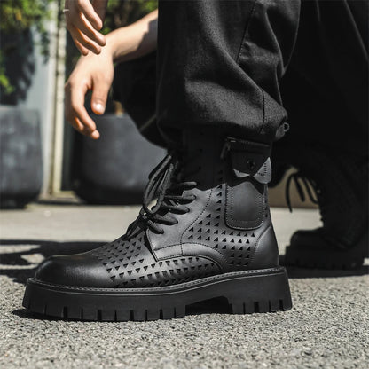 Non-Slip Men's High Top Casual Leather Shoes Street Style Motorcycle Boots New Stylish Ankle Boots Thick Bottom Walking Footwear