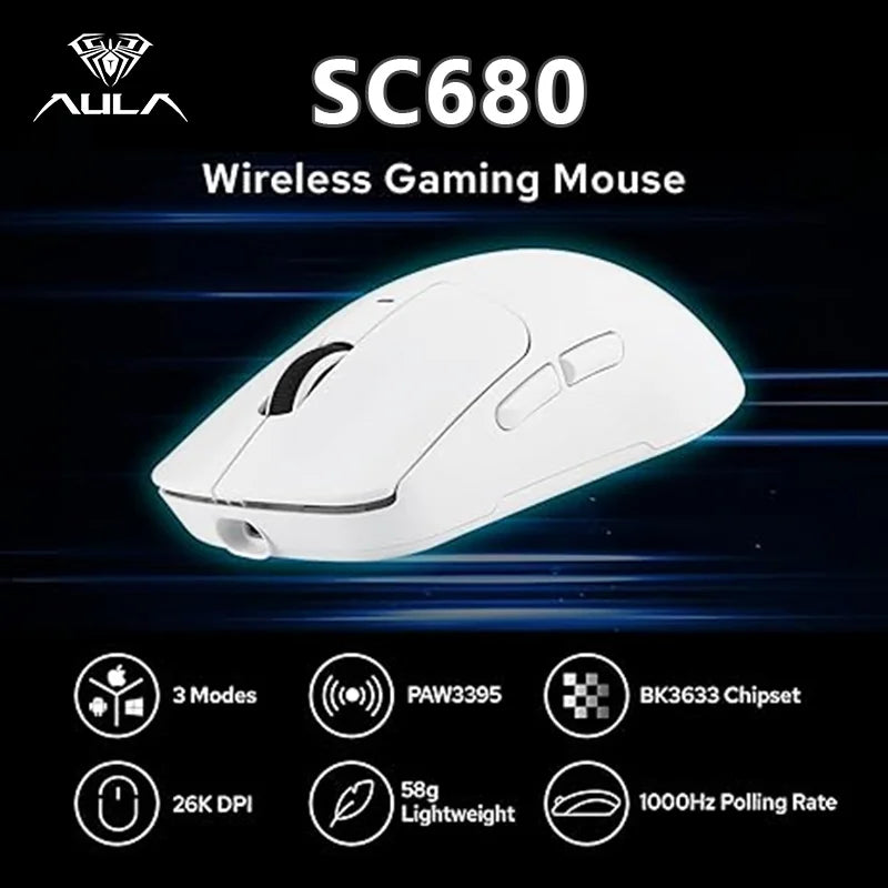 AULA SC680 Wireless Gaming Mouse, Tri-Mode Bluetooth 5.0/2.4G/Wired Gaming Mouse with PAW3395 Sensor, 26000 DPI Super Lightweight Gaming Mouse for PC, Mac & Laptop