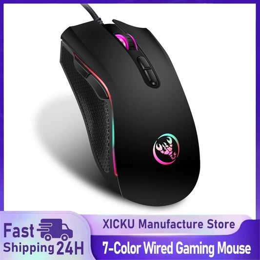 Mouse profesional de gaming optic, premium, cu iluminare LED în 7 culori intense și design ergonomic, 3200 DPI, pentru gameri LOL și CS