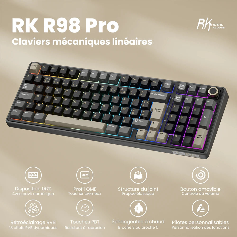RK ROYAL KLUDGE R98Pro Gasket kabelgebundene mechanische Tastatur, 98 Tasten, RGB, Hot-Swap-fähig, abnehmbarer Button, Gaming-Tastatur mit PBT-Tastenkappen
