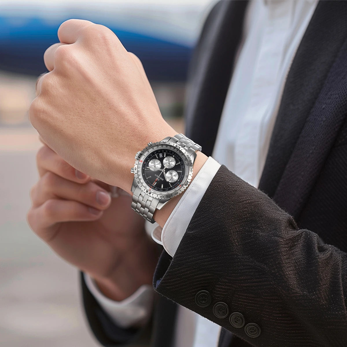 Męski zegarek chronograf BERNY – wielofunkcyjny zegarek kwarcowy w stylu lotniczym, wyposażony w datownik, szafirowe szkło i doskonałą luminescencję – luksusowy męski zegarek na rękę