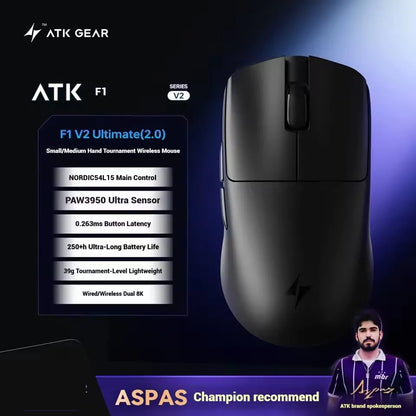 ATK Blazing Sky F1 V2 Ultimate Wireless Gaming Mouse, Dual-Mode Lightweight Gaming Mouse with PAW3950 Sensor, Dual 8KHz Polling Rate, Low Latency Ergonomic Gaming Mouse