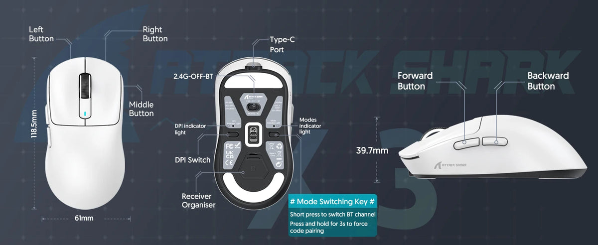 ATTACK SHARK X3 Wireless Gaming Mouse, Ultra-Light 49g Ergonomic Gaming Mouse with PAW3395 Sensor, Tri-Mode Bluetooth/2.4G/USB, 26K DPI Programmable Mouse