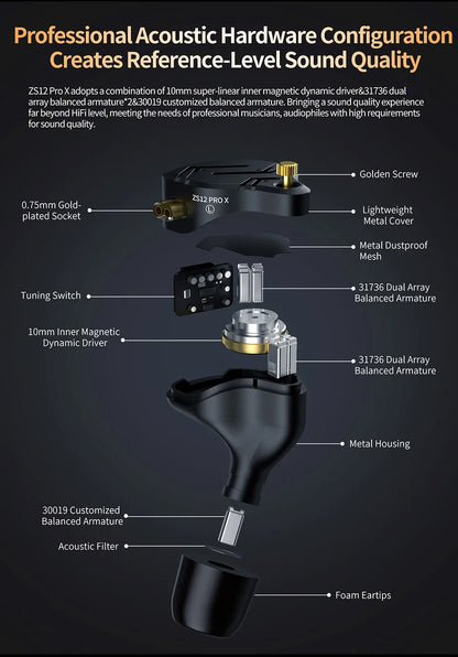 KZ ZS12 PRO X Hybrid Dynamic Balanced Armature IEM Earphones, HiFi In-Ear Monitor Headphones with Detachable Silver-Plated Cable, Studio-Grade Wired Earbuds