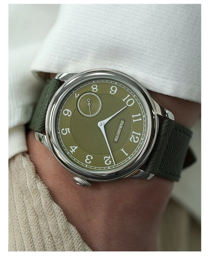 FARASUTE NEW Machinery Herrenuhr mit lachsfarbenem Zifferblatt, ST17 Handaufzug-Mechanikuhr, Kleine Sekunde, Vintage-Bonklip-Armband