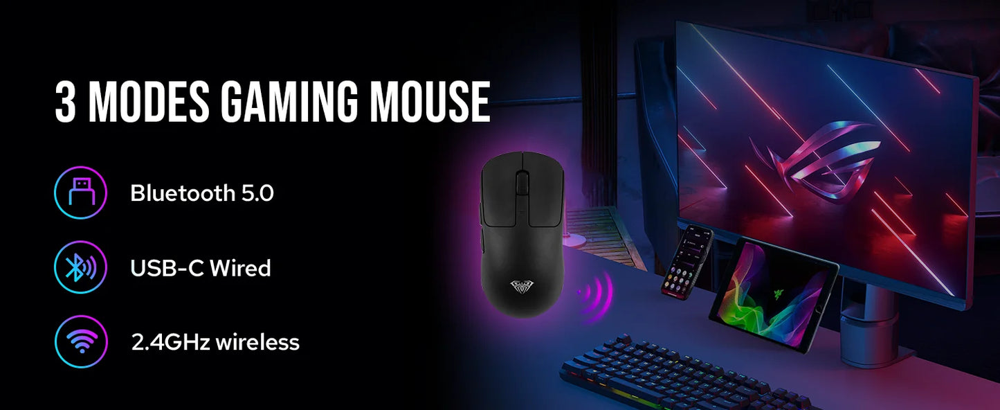 AULA SC680 Wireless Gaming Mouse, Tri-Mode Bluetooth 5.0/2.4G/Wired Gaming Mouse with PAW3395 Sensor, 26000 DPI Super Lightweight Gaming Mouse for PC, Mac & Laptop