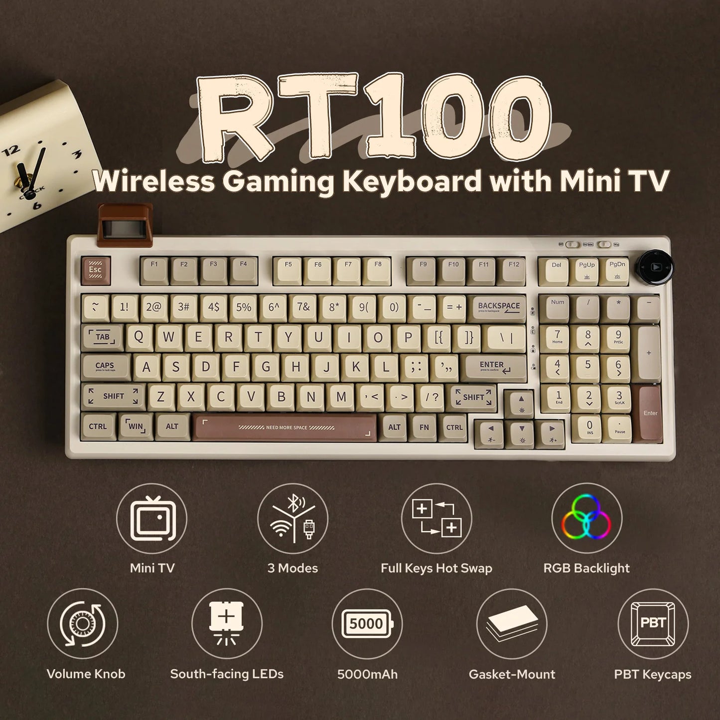 EPOMAKER RT100 95% Gasket-Mounted Wired/Bluetooth/2.4G Wireles Mechanical Keyboard with Multi-media Knob & Mini Display