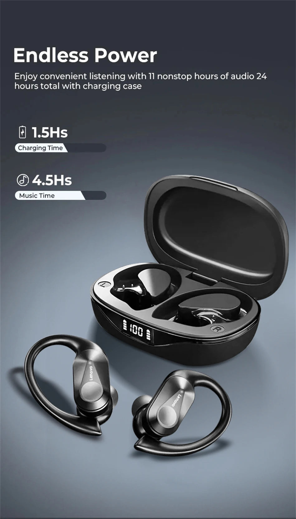 Lenovo LP75 TWS Bluetooth 5.3 Wireless Earphones – LED Display, Noise Reduction, Waterproof True Wireless Earbuds with Microphone & Deep Bass Sound