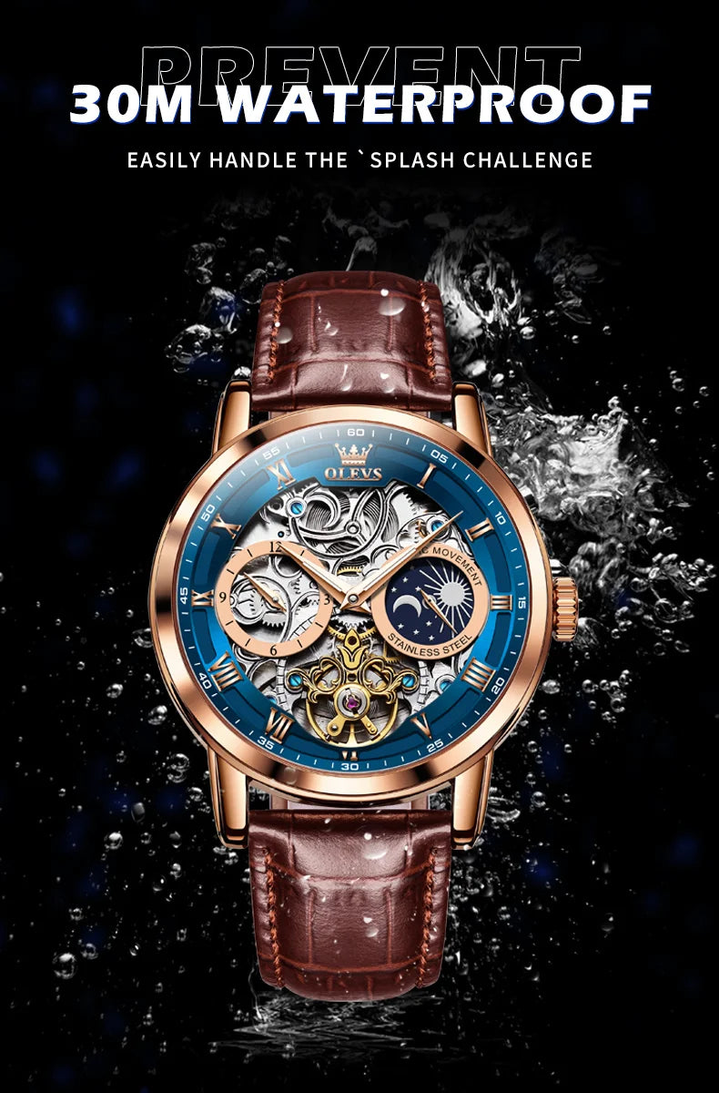 OLEVS Top Brand Men's Skeleton Mechanical Watch Waterproof Leather Strap Men Moon Phase Automatic Tourbillon Wristwatch for Men