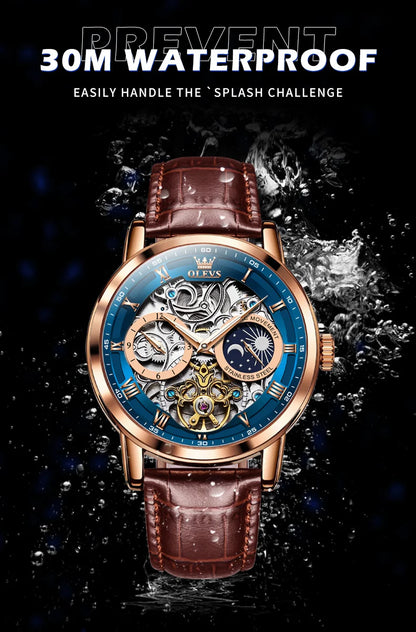 OLEVS Top Brand Men's Skeleton Mechanical Watch Waterproof Leather Strap Men Moon Phase Automatic Tourbillon Wristwatch for Men