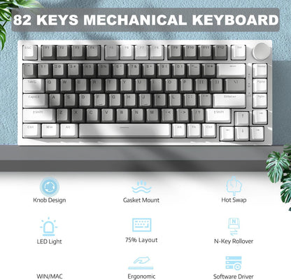 AJAZZ AK820 Mechanical Keyboard Hot-Swappable 82-Key Wired Keyboard with Rotary Volume Knob for Office, Gaming & Home