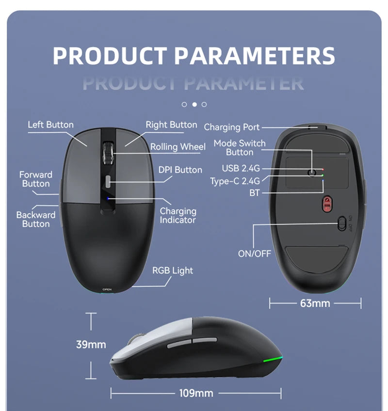 Tri-Mode Wireless Mouse with Dual USB & Type-C Receivers, Bluetooth 5.1 Rechargeable Silent RGB Mouse for Laptop, PC, Mac, Android & iOS
