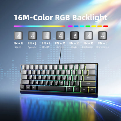 60% kompakte kabelgebundene Tastatur mit RGB-Hintergrundbeleuchtung und Keycaps mit Farbverlauf, geeignet für Windows-Tablets, Laptops und Gamer.
