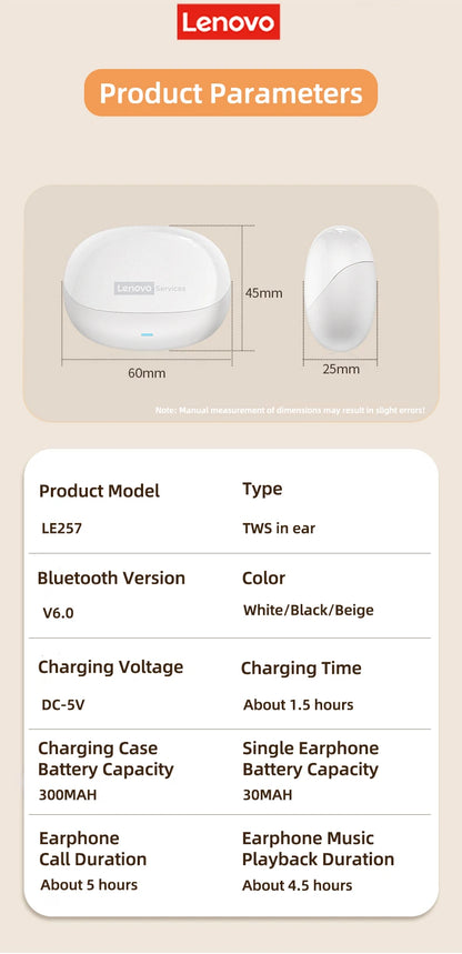 Lenovo LE257 TWS Wireless Bluetooth 6.0 Headphones with HiFi Sound, ENC Noise Reduction, Gaming Earbuds with Mic, Sports Waterproof Headset