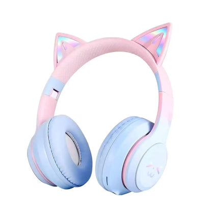 Casque Bluetooth 5.1 sans fil SOYTO avec oreilles de chat lumineuses dégradées, réduction de bruit, écouteurs supra-auriculaires mignons pour téléphone, PC et jeux