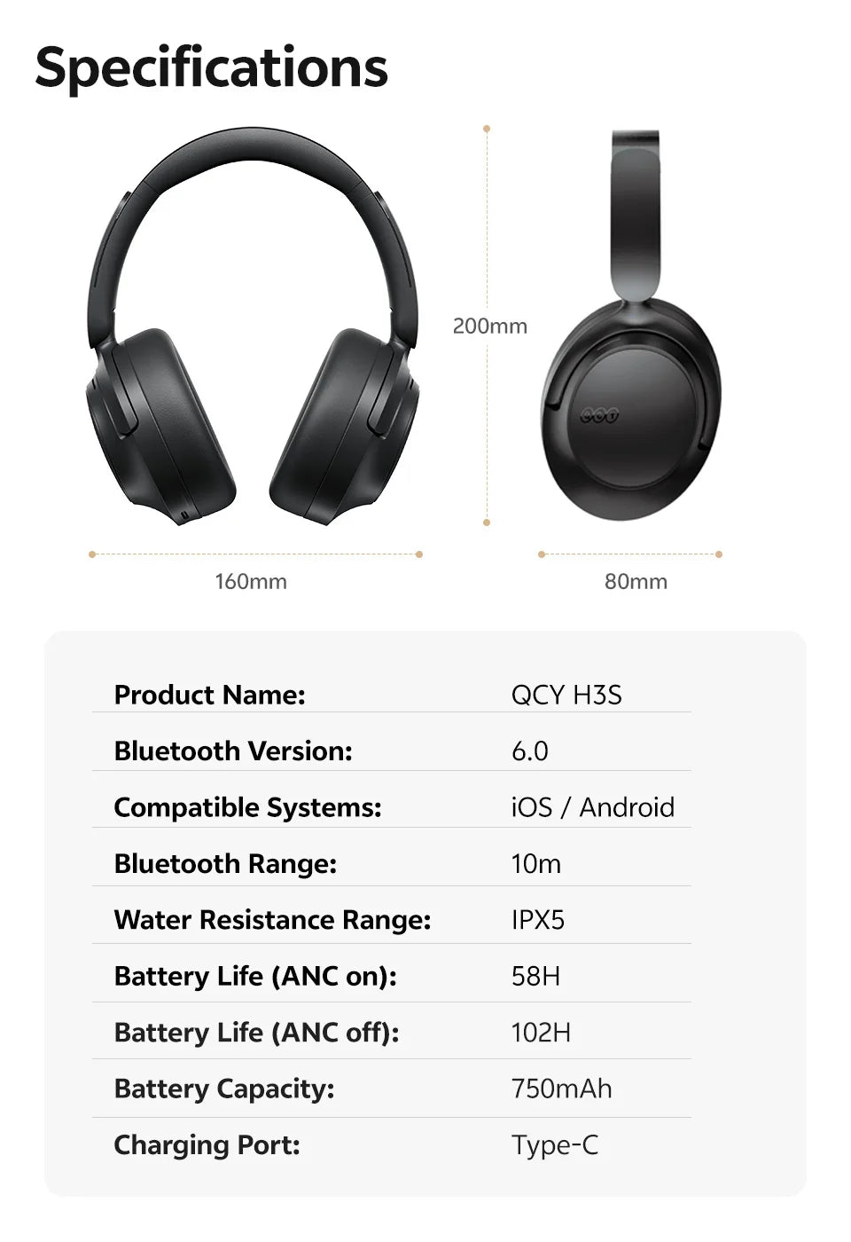 QCY H3S -56dB ANC adaptativa Auriculares Bluetooth 6.0 circumaurales – Auriculares inalámbricos Hi-Res LDAC, batería de 102H, sonido espacial con doble transductor