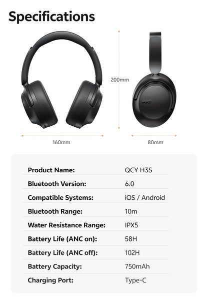 QCY H3S ANC Over-Ear Headphones Bluetooth 6.0 – Hi-Res LDAC Spatial Audio, -56dB Adaptive Noise Cancelling Wireless Headset