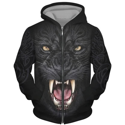 Sweat à capuz com fecho e estampado 3D de lobo, estilo streetwear, para homem/mulher, casaco com capuz unissexo casual hip-hop