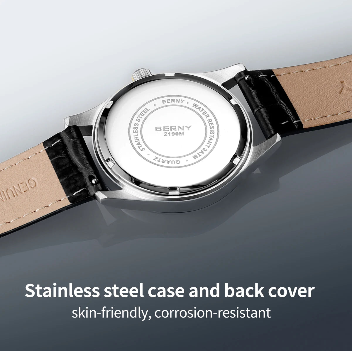 BERNY Men Watch Date Weeks Moon Phase Quartz Watches for Men Stainless Steel Leather Strap Business Wristwatch Male Clock