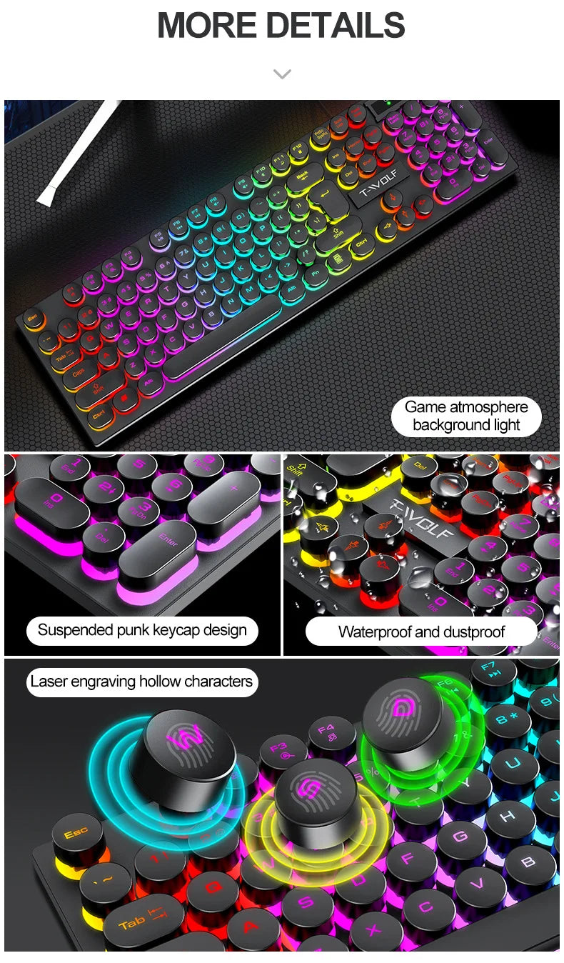 Typewriter style Mechanical feel Gaming Keyboard,Wired,RGB Backlit,Round Keycaps Mouse and Keyboard Bundle Waterproof 104-Key