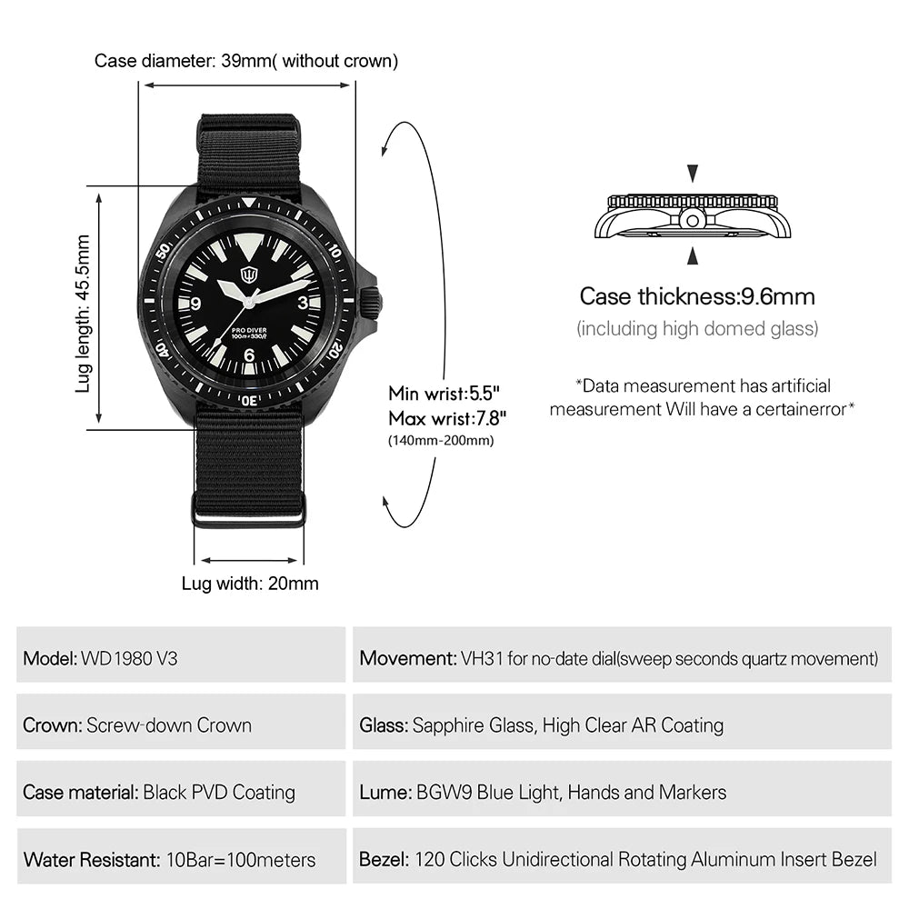 Watchdives WD1980 V3 Quartz Watch VH31 Sweep Movement Sapphire Vintage Watch 100m Waterproof Stainless Steel Luminous Mens Watch