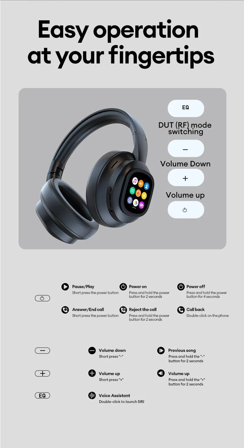 AI LCD Touch Screen Wireless Bluetooth Headphones – ANC Noise Cancelling Deep Bass Gaming Headset with HD Mic