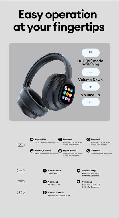 AI LCD Touch Screen Wireless Bluetooth Headphones – ANC Noise Cancelling Deep Bass Gaming Headset with HD Mic