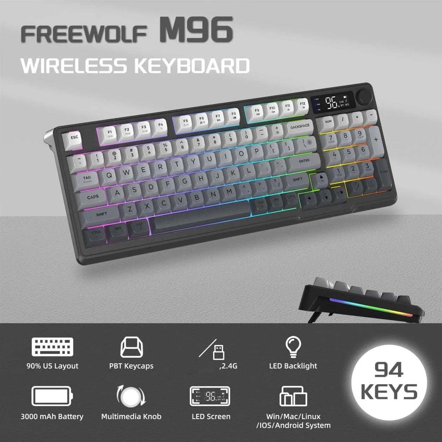 FREEWOLF M96 Wireless Keyboard RGB Gaming Keyboard with Knob Control, Bluetooth/2.4G/USB Wired Mechanical Feel Keyboard, PBT Keycaps, Display Screen, 3000mAh Battery