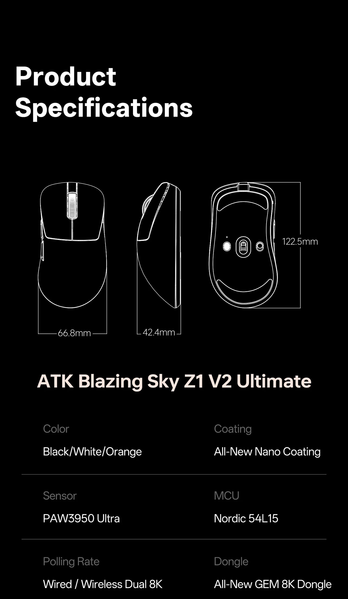 ATK Blazing Sky Z1 Series Wireless Gaming Mouse 8K, PAW3950 Ultra, Dual Mode, Lightweight Esports Mouse with Low Latency