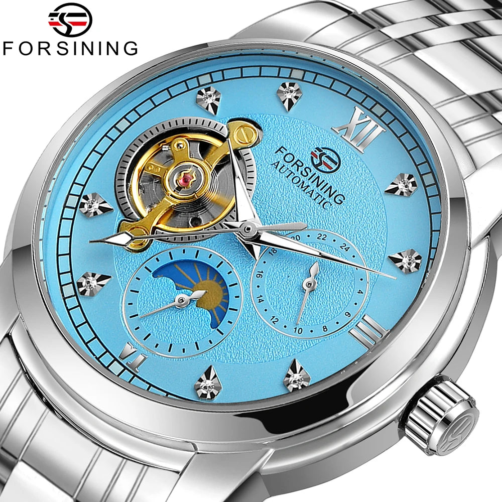 Reloj mecánico automático para hombre Forsining: estilo de lujo, ejecutivo y moderno; brazalete de metal; tourbillon; agujas luminiscentes; adornado con diamantes sintéticos