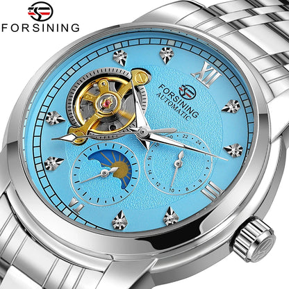Reloj mecánico automático para hombre Forsining: estilo de lujo, ejecutivo y moderno; brazalete de metal; tourbillon; agujas luminiscentes; adornado con diamantes sintéticos
