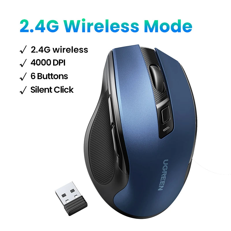 UGREEN Mouse Wireless Ergonomic Mouse 2.4GHz 4000 DPI Silent 6 Buttons For MacBook Tablet Laptop PC Mute Mice Quiet 2.4G Mouse