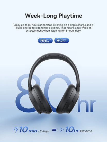 Baseus Bass EH10 NC Noise Cancelling Wireless Headphones Bluetooth 6.0 Over Ear Headset with 45dB ANC, 80H Battery, Hi-Res Audio & AI Calls