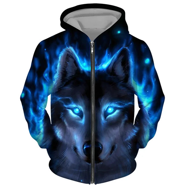 Sweat à capuz com fecho e estampado 3D de lobo, estilo streetwear, para homem/mulher, casaco com capuz unissexo casual hip-hop