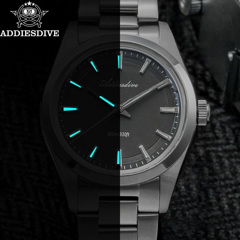 ADDIESDIVE herenhorloge van staal, luxe uitvoering, voorzien van een gewelfd glas, een quartz uurwerk en een blauwe lichtgevende coating BGW9; waterdicht tot 100 ATM, analoge weergave – Model AD2066