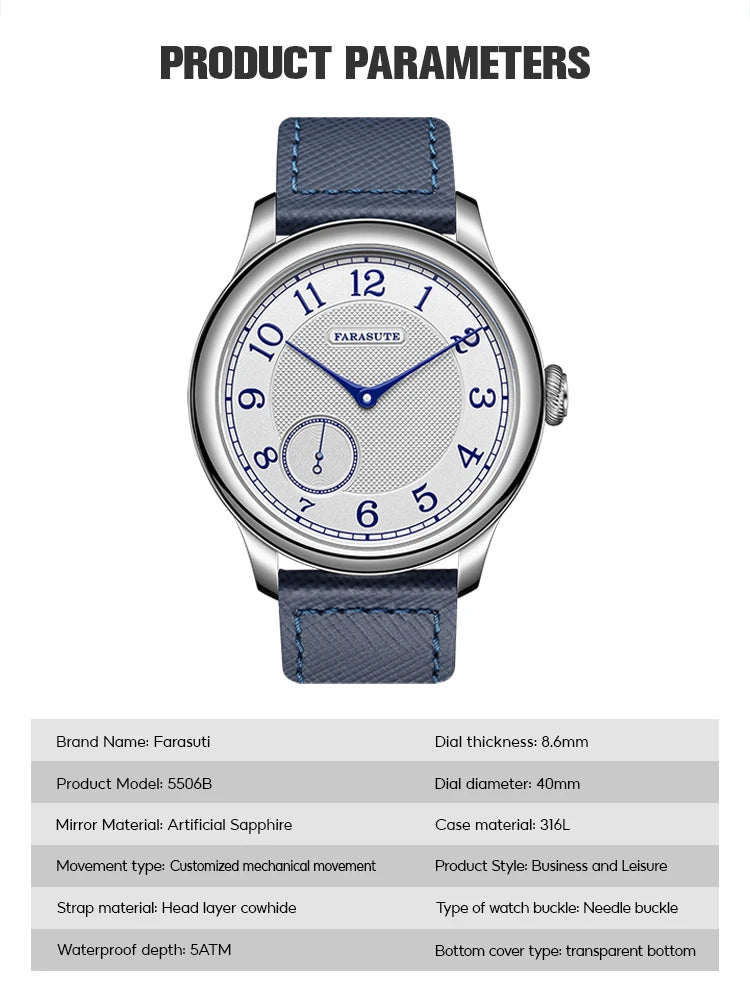FARASUTE NEW Machinery Herrenuhr mit lachsfarbenem Zifferblatt, ST17 Handaufzug-Mechanikuhr, Kleine Sekunde, Vintage-Bonklip-Armband