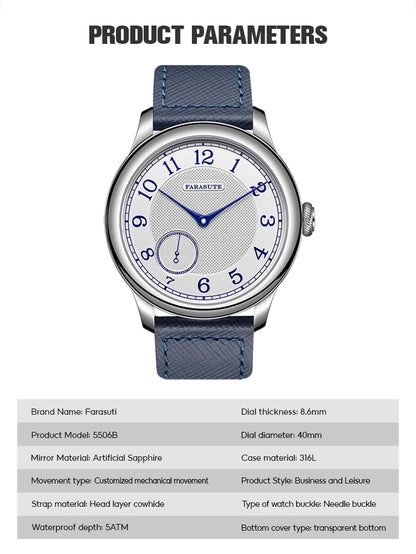 FARASUTE NEW Machinery Herrenuhr mit lachsfarbenem Zifferblatt, ST17 Handaufzug-Mechanikuhr, Kleine Sekunde, Vintage-Bonklip-Armband