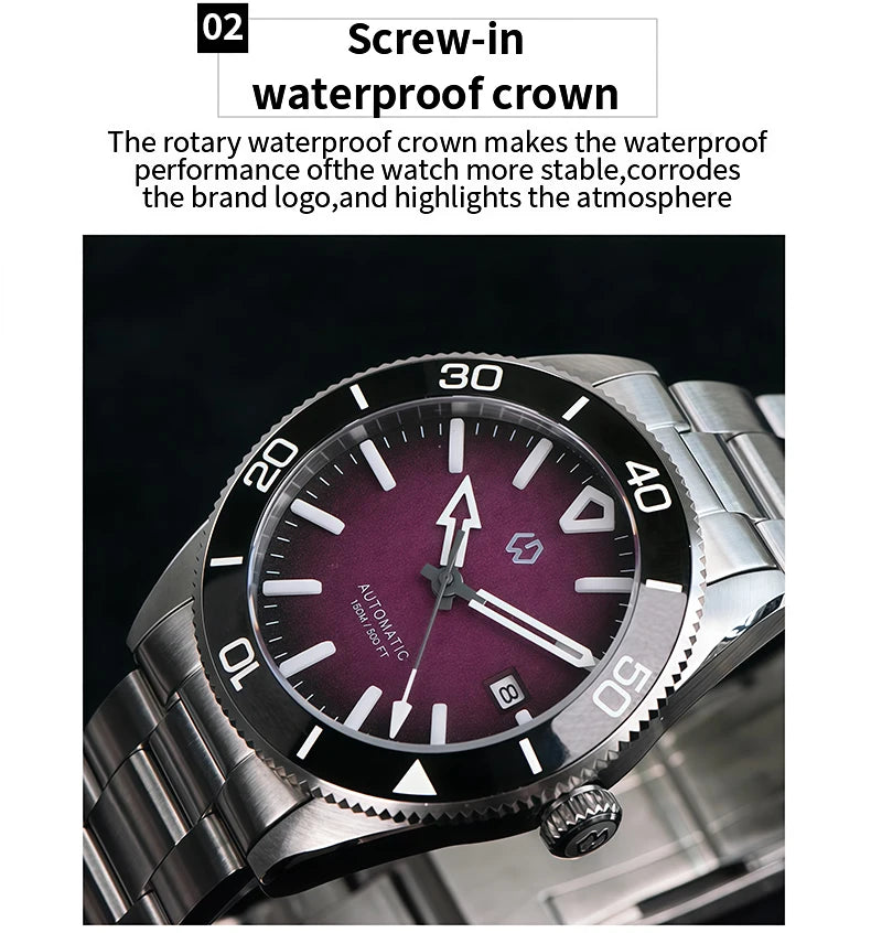 WSD9017 Men's Automatic Watch Mechanical 3D Dimensional Luminous Watch Needle Ceramic Bezel 150 Meters Waterproof Diving